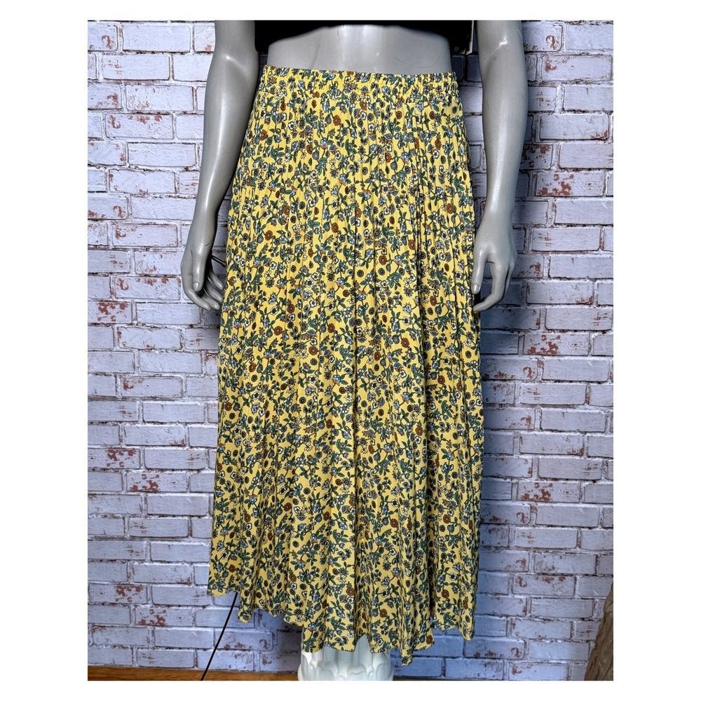 Yellow Ditsy Micro Floral Pleated Maxi Skirt Womens Small Pull-On Cottage Boho